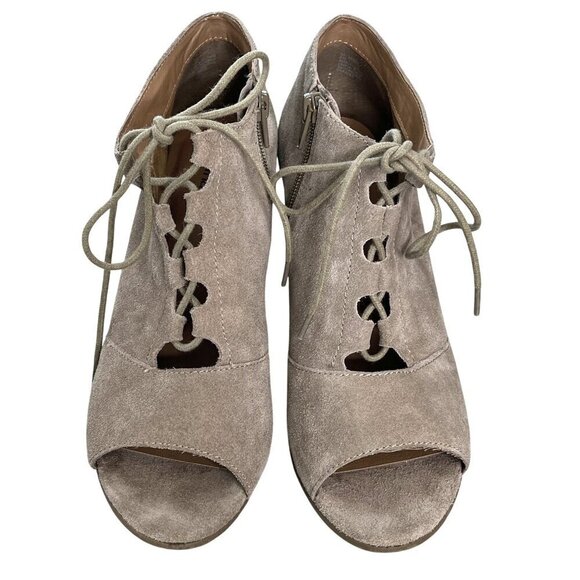 Susina Taupe Suede Leather Peep Toe Lace-Up Block Heel Ankle Booties Size 9 - Picture 4 of 12